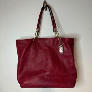 Coach Madison North/South Tote Pebbled Leather Satchel Purse Bag in Scarlet Red